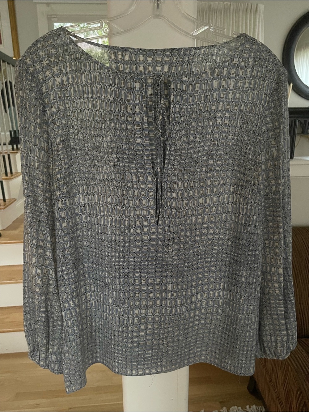 Women’s vintage Silk Slate Blue Patterned Long-Sleeve Blouse, Nordstrom ~ 1992